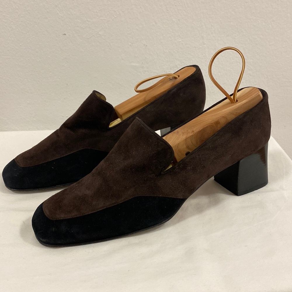 Isaac Misrachi chunky loafer heel, size 8.5, brown and black
